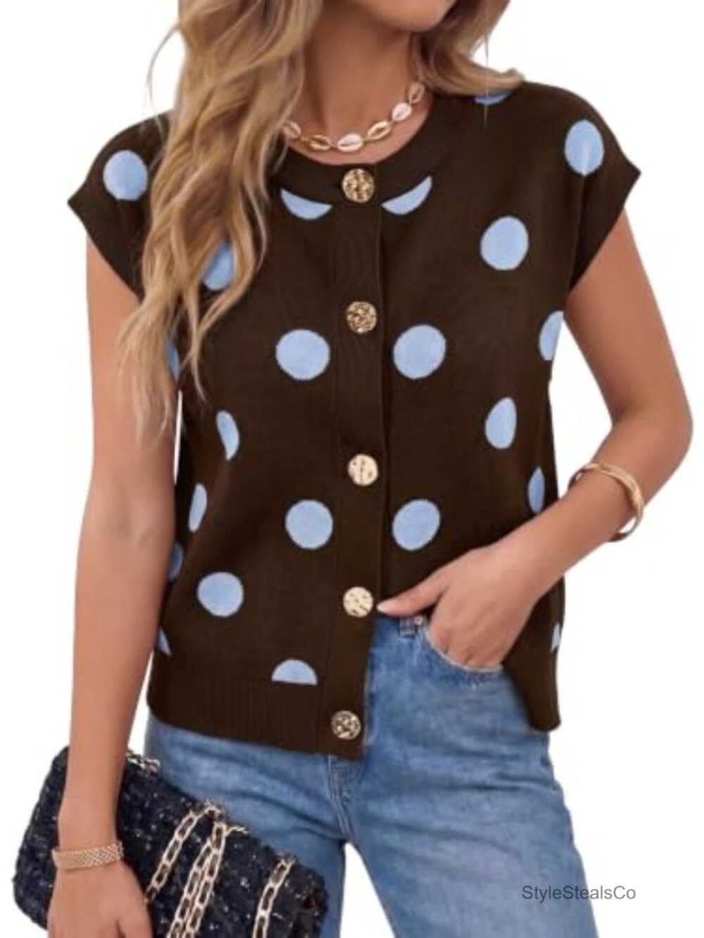 Sweater Vest Cap Sleeve Polka Dot Button Down Knit Tank Top Lightweight